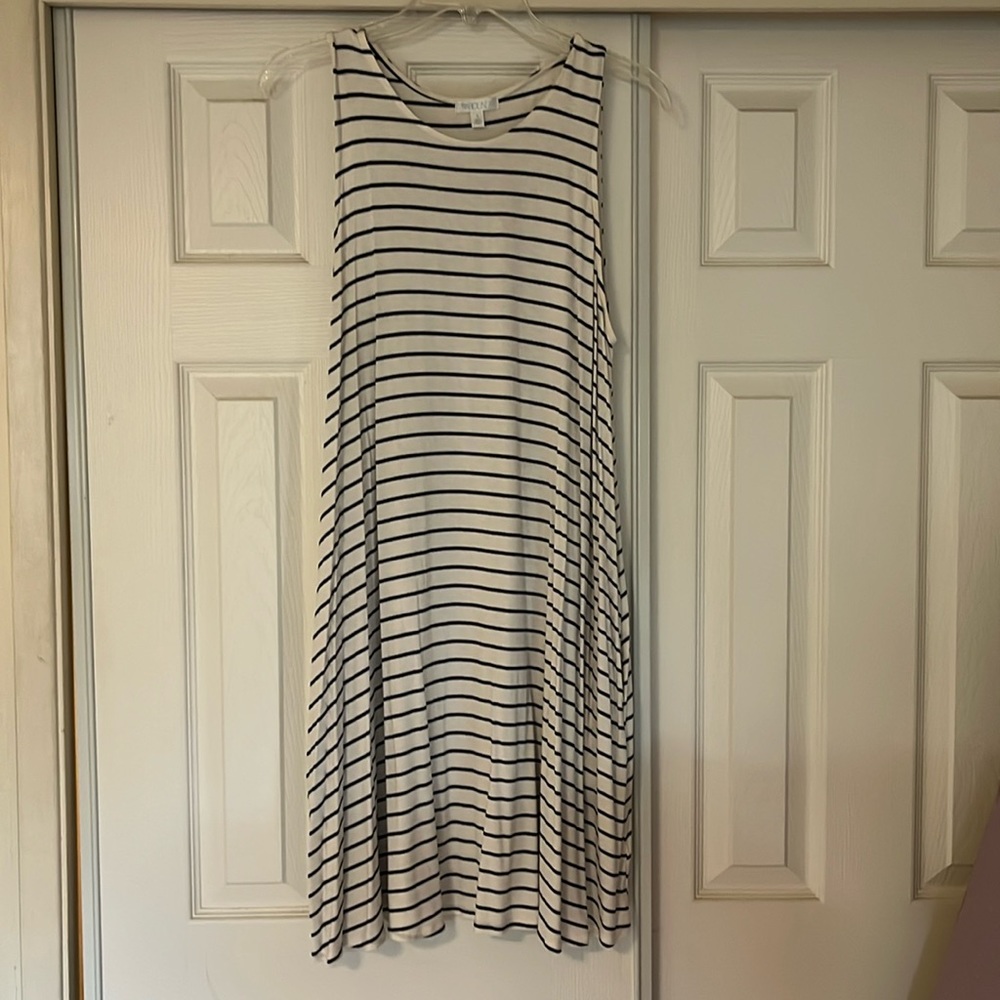 Blue and white sleeveless midi dress